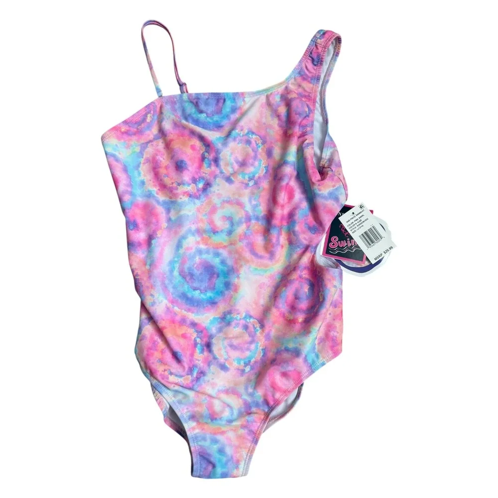 Andy & Evan Swim Girls One Piece‎ Swimsuit Pink Swirl UPF 50+ L (12/14) NWT